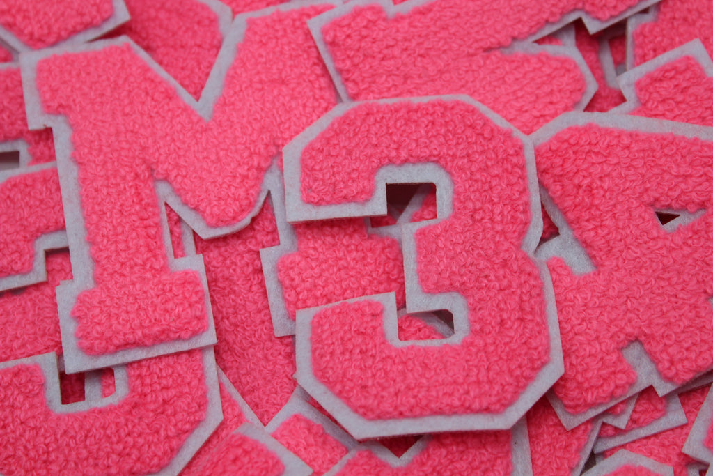 Neon Pink on White 2.5" Chenille Letter Varsity