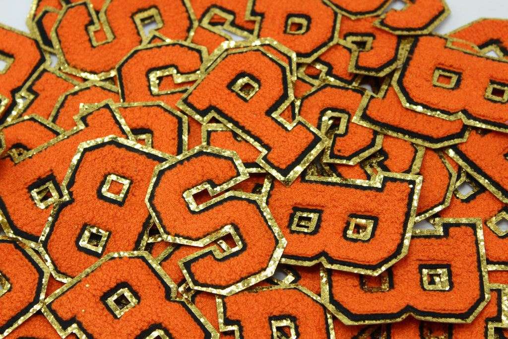 Orange on Gold Sequin 2.5" Chenille Letter Varsity