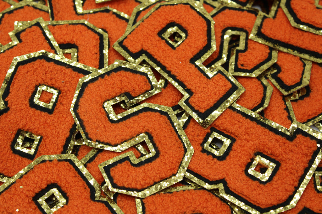 Orange on Gold Sequin 2.5" Chenille Letter Varsity