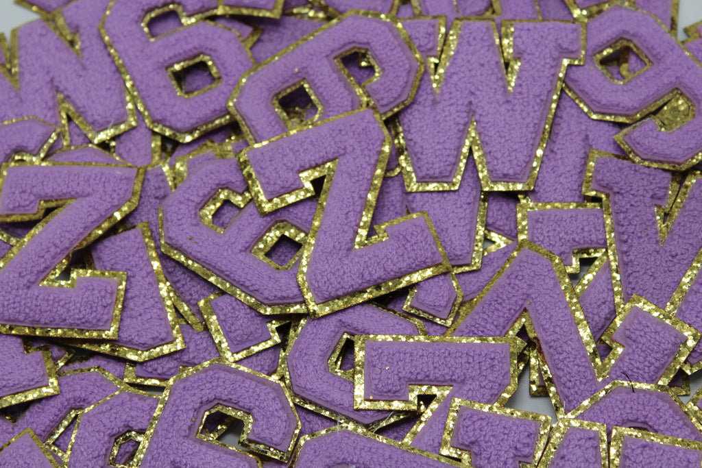 Lavender and Gold Sequin 2.5" Chenille Letter Varsity