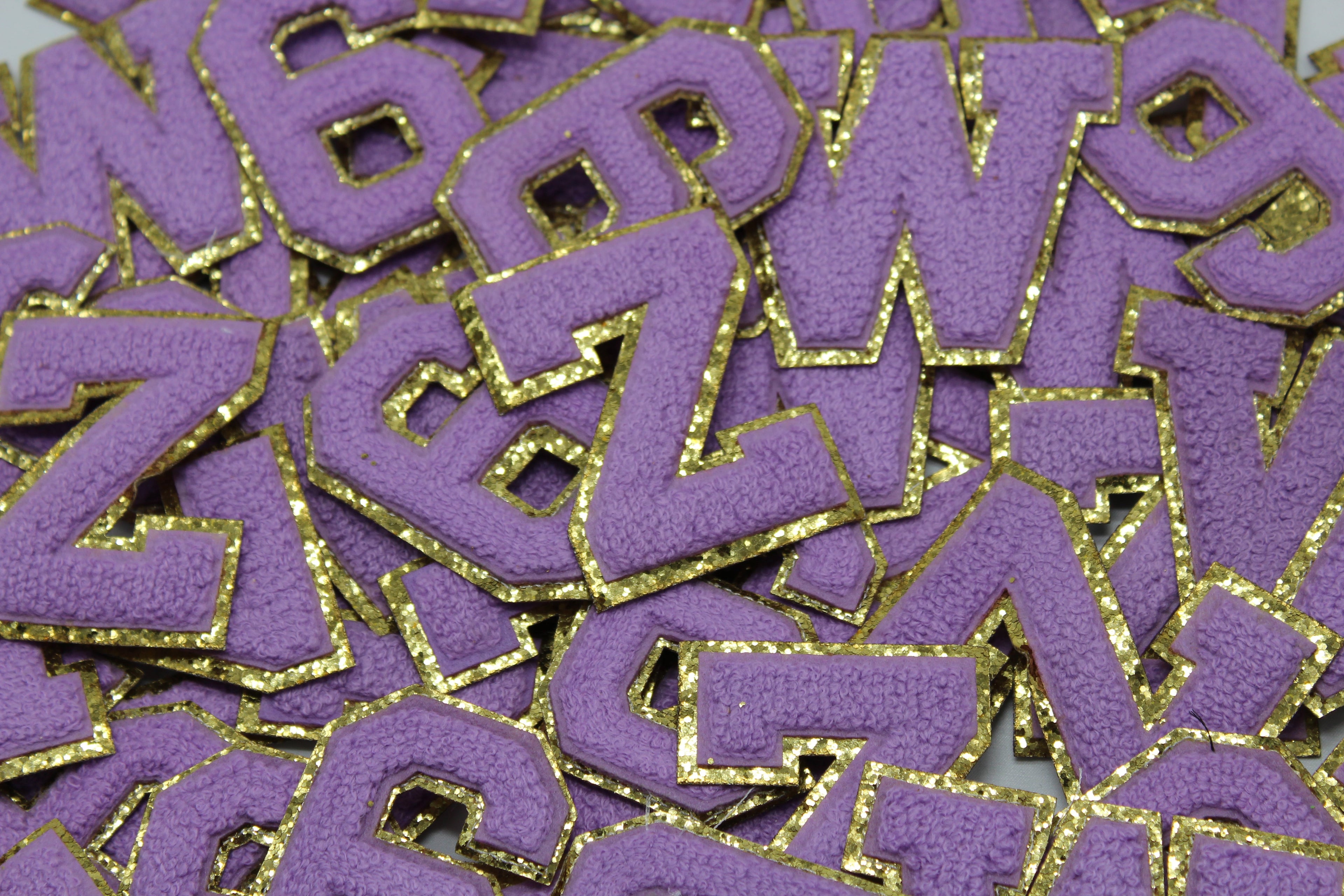 Lavender and Gold Sequin 2.5" Chenille Letter Varsity