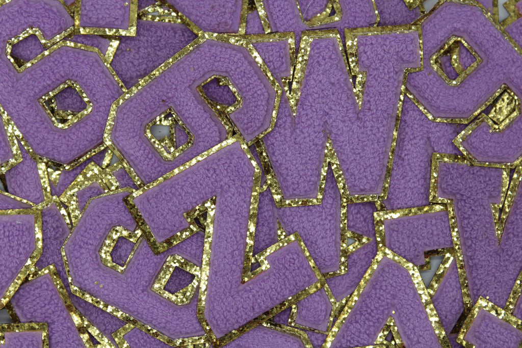 Lavender and Gold Sequin 2.5" Chenille Letter Varsity