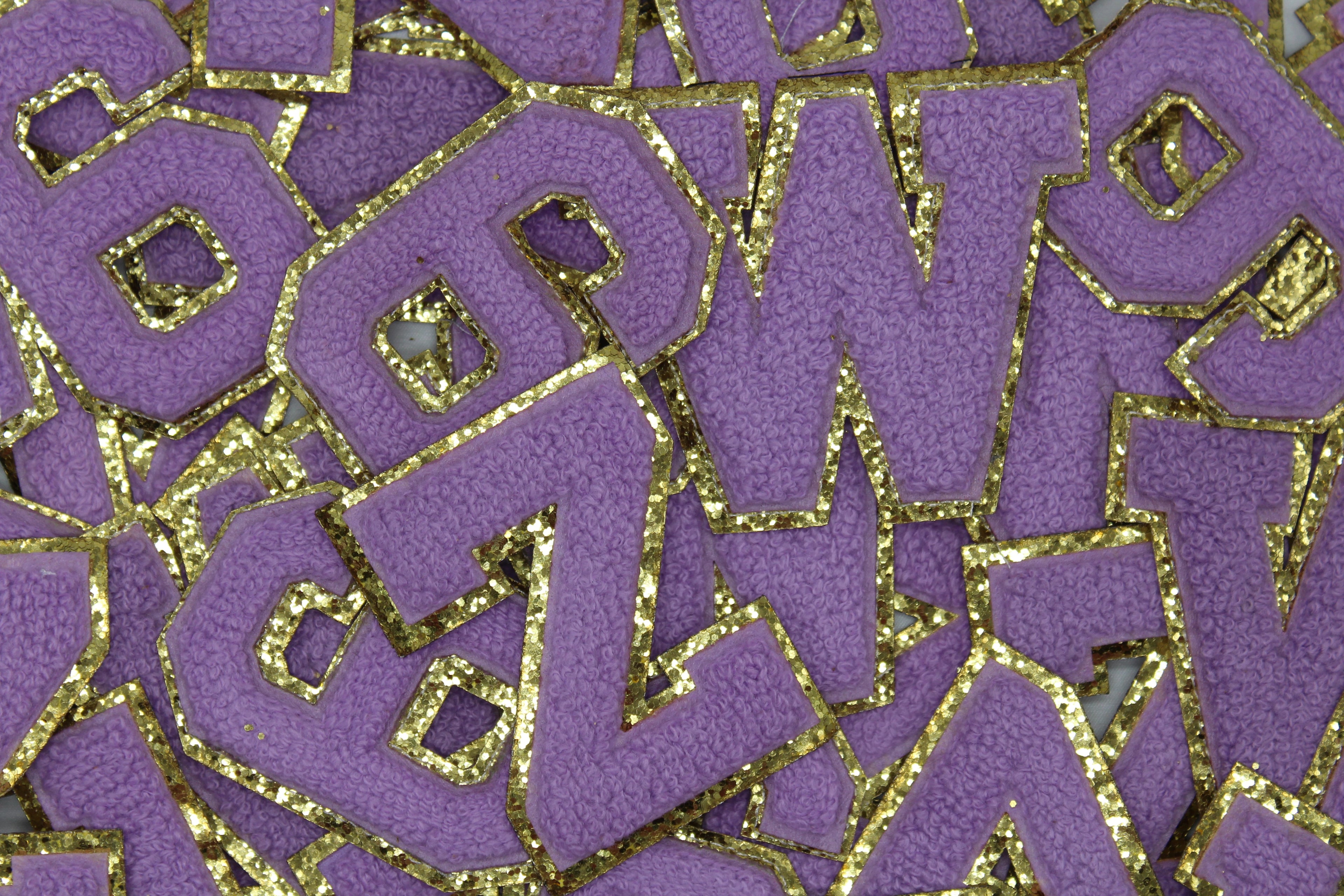 Lavender and Gold Sequin 2.5" Chenille Letter Varsity