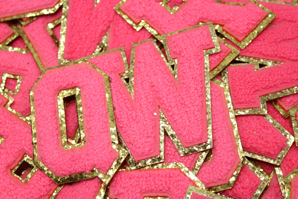 Neon Pink and Gold Sequin 2.5" Chenille Letter Varsity
