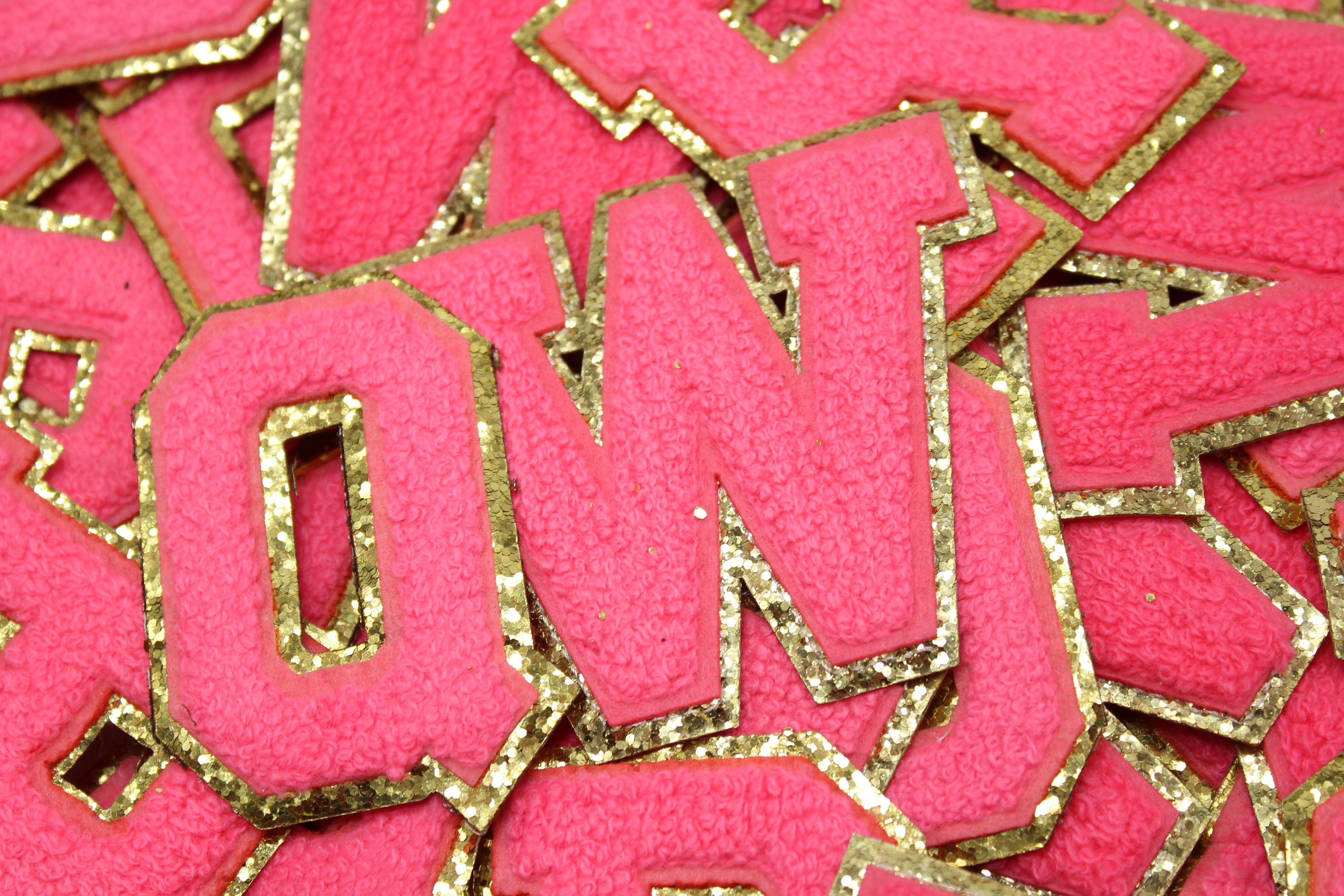 Neon Pink and Gold Sequin 2.5" Chenille Letter Varsity